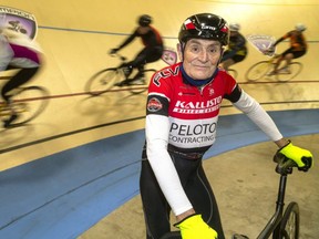Londoner Jim Gilchrist takes a turn Thursday March 4, 2021 at the Forest City Velodrome. A long time cyclist and runner, Gilchrist is turning 80 on Sunday, March 7, and to celebrate he's riding 80 laps to raise funds for the Forest City Velodrome. Then, on Monday, he's getting his COVID-19 vaccination. (Mike Hensen/The London Free Press)
