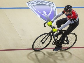 Londoner Jim Gilchrist marked his 80th birthday by cycling 80 laps at the Forest City Velodrome. Photo taken three days prior during a practice run. (Mike Hensen/The London Free Press)