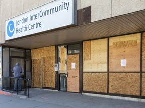 The London InterCommunity Health Centre on Dundas Street was closed Friday after its windows were broken Monday afternoon and again on Thursday night. (Mike Hensen/The London Free Press)