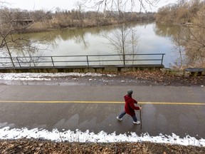 Lisa Dufour strides along the Thames River between Wonderland Gardens and Greenway Park in London. Dufour says she walks everyday. “I just love it. I always have and it keeps you in shape.” (MIKE HENSEN, The London Free Press)