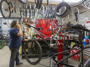 Brian Forcey, owner of CyclePath on Richmond Street in London, says they are sold out of bikes, with the "phone ringing off the hook" as more and more people seek to get outside and get active. Photograph taken on Friday March 19, 2021. (Mike Hensen/The London Free Press)