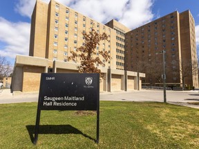 Saugeen Maitland Hall residence on Western Road is one of two Western University residences that have a COVID-19 outbreak in London. (Mike Hensen/The London Free Press)