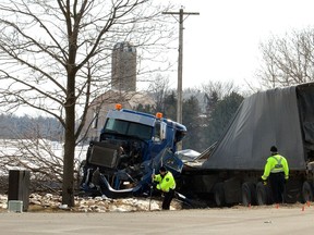 A man driving a minivan died in hospital Monday after a collision with a transport truck at Embro Road and Perth Line 29. (Galen Simmons/Postmedia Network)