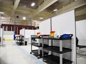 There are 36 vaccination "pods" or stations at the COVID-19 vaccine clinic at the St. Thomas-Elgin Memorial Arena. Each of the 12 vaccinators will have their own cart and will move between stations, minimizing the number of times each person must move. (Kathleen Saylors/Sentinel-Review)