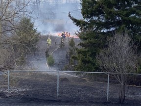 Several London fire department units battle a large grass fire Thursday at Highbury Avenue and Highway 401. (London fire department Twitter)