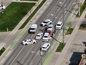 Several London police cruisers boxed in a suspected impaired driver who refused to pull over Sunday morning at the intersection of Dundas and Colborne streets. The photo was posted to Twitter by a user who thanked police. (Twitter)