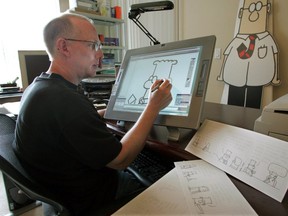 "Dilbert" cartoonist Scott Adams, in his home office in Dublin, Calif. (File photo)