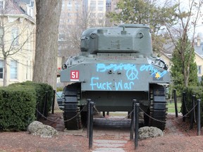 The Holy Roller Sherman tank was vandalized some time overnight in Victoria Park. Photo taken Saturday April 3, 2021. DALE CARRUTHERS / THE LONDON FREE PRESS