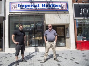 Jeff Evans, left, will take over the site of Imperial Hobbies on Dundas Street from owner Dave Carney who is retiring after 30 years. Evans will change the store's name to the Mana Lounge, which he hopes to open in a few months. 
Video game maker Tiny Titan Studios will move into the two floors above the shop. Derek Ruttan/The London Free Press