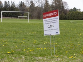 A soccer field is closed by order the province of Ontario in Mt. Brydges , Ont. on Monday April 19, 2021. (Derek Ruttan/The London Free Press)