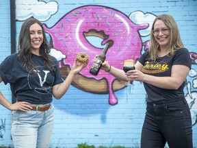 Dana Inglis of V Food Spot, a vegan restaurant on Hamilton Road, created the My Kinda Breakfast doughnut with the help of Curley Brewing's Kelsey Watkinson. The doughnut's signature ingredient is the brewery's Breakfast Peanut Butter Coffee Porter. (Derek Ruttan/The London Free Press)