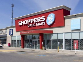 Shoppers Drug Mart at Wonderland and Fanshawe Park Road is one of two pharmacies in London that is vaccinating Londoners 55 and over with the AstraZeneca vaccine. (Mike Hensen/The London Free Press)