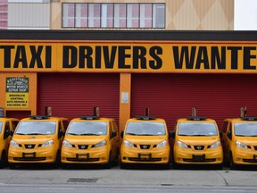 New York taxi cabs are seen parked on April 10, 2020 in New York City.