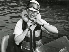 James Thompson, designer and builder of the Miss Supertest III speedboat, is shown in this 1959 photo. He died Thursday at Parkwood Institute at 94. (London Free Press files)