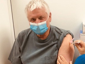 Haldimand-Norfolk MPP Toby Barrett said Wednesday he and his wife Cari have COVID-19. This is a photo of Barrett receiving his first shot of the COVID-19 vaccine in April.  (Twitter photo)