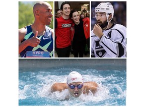 Clockwise from top left: Damian Warner; Tessa Virtue with Scott Moir; Drew Doughty; Maggie Mac Neil