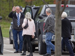 MPP for Lanark-Frontenac-Kingston Randy Hillier greets fellow church goers prior to entering the Church of God for Sunday service in Aylmer. Photo taken Sunday May 9, 2021. (Derek Ruttan/The London Free Press)