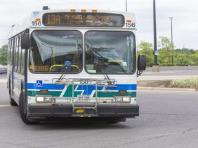 An LTC bus leaves Masonville Place in London. (Derek Ruttan/The London Free Press)