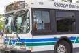 An LTC bus leaves Masonville Place mall in London on Monday May 24, 2021. (Derek Ruttan/The London Free Press)