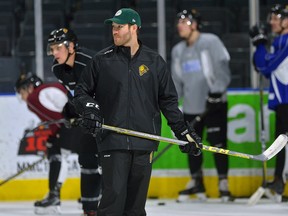Brandon Prust helps out at a London Knights practice in November 2017. He was a member of the legendary 2005 Knights squad that won the Memorial Cup, then went on to a solid career in the National Hockey League. (File photo)