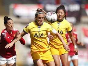 London native Shelina Zadorsky keeps her on the ball as her Tottenham club plays Manchester United in Women's Super League action. Photo taken on April 25, 2021. (Reuters)