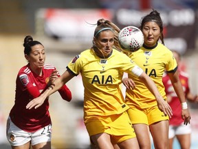 Manchester United's Christen Press battles with Tottenham Hotspur defender Shelina Zadorsky during a game at Leigh Sports Village in Manchester, Britain last month. Zadorsky was named Tottenham's top player for the 2020-21 season. (Action Images via Reuters/Lee Smith)