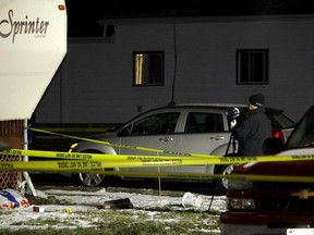 Chatham-Kent police investigate a shooting  on Harvey Street near Lacroix Street on Jan. 26, 2021. Three suspects were taken into custody within days; two others were arrested in Thunder Bay on Thursday. (Ellwood Shreve/Chatham Daily News)
