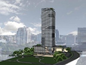 An artist's rendering shows a residential tower, looking east from the Thames River, part of a proposed development from Farhi Holdings for a tower on Ridout Street at Harris Park.