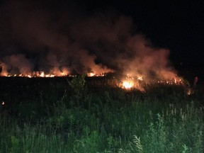 London firefighters helped fight a large brush fire south of the city early Thursday. Elgin OPP said the fire started after a utility pole was cut down by copper thieves, causing wires to spark and ignite the grass. (London fire department photo)