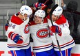 Montreal Canadiens centre Nick Suzuki, a Londoner, right, and Corey Perry, left, also of London, celebrate a second period goal with Cole Caulfield against the Vegas Golden Knights in Game 5 of the Stanley Cup semifinals at T-Mobile Arena in Las Vegas. Stephen R. Sylvanie-USA TODAY Sports