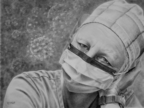London artist Darlene Jorden Pfaff's The Price of Fortitude, a portrait of her friend nurse Lena Moore, won second place in the Canada-wide art contest initiated by HealthPro in tribute to Canada's health-care workers for their efforts during the pandemic. The contest was titled Faces of Canadian Healthcare.