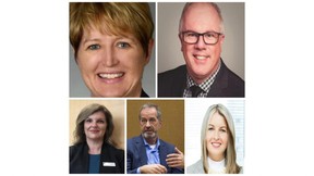 Five London Health Sciences Center executives exited the hospital in the first six months of 2021. Clockwise from top left: Jacquie Davison; Neil Johnson; Susan Nickle; Paul Woods; Julie Trpkovski