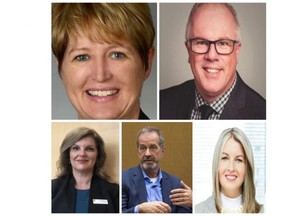 Five London Health Sciences Centre executives have exited the hospital in the first six months of 2021. Clockwise from top left: Jacquie Davison; Neil Johnson; Susan Nickle; Paul Woods; Julie Trpkovski