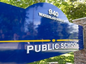 The sign at Ryerson elementary school was vandalized and the letters and school crest had to be removed for cleaning, the school's principal said in a message to parents. (Mike Hensen/The London Free Press)