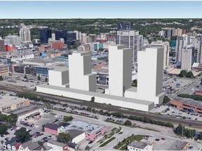 A development concept drawing illustrates possibilities for 301 York St., a downtown parcel on the market for $40 million. (Contributed/George Georgopoulos)