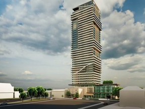 A 40-storey tower Farhi Holdings Corp. plans to build at 435-451 Ridout St. has been appealed by the London branch of the Architectural Conservancy of Ontario. The redevelopment would incorporate a trio of yellow brick buildings known as Bankers' Row that date back to 1838. (Artist rendering)