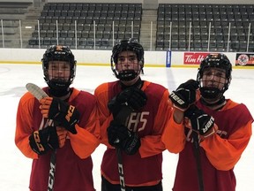 Noah VandenBrink, left, Noah Nelson and Chase MacQueen-Spence were on the same line with the Elgin-Middlesex Chiefs 16U team and have drawn plenty of interest from OHL scouts in the leadup to the league's draft that begins Friday.