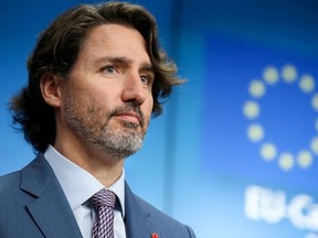 Canadian Prime Minister Justin Trudeau holds a news conference after an EU-Canada summit, in Brussels, Belgium June 15, 2021.
