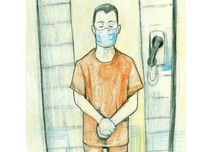 A sketch of Nathaniel Veltman, 20, as he appeared in court by video on Thursday June 10, 2021 on charges in connection with the worst mass killing in London history. (CHARLES VINCENT, The London Free Press)