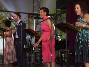 Evangelia Kambites (left), Mark Uhre, Alana Hibbert, and Gabrielle Jones perform in You Can’t Stop the Beat, a cabaret directed by Thom Allison that opened in Stratford on Sunday. (Contributed photo/DAVID HOU)