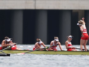 Andrea Proske, Susanne Grainger, Madison Mailey, Sydney Payne, Avalon Wasteneys and Kristen Kit of Team Canada celebrate winning the gold medal during the Women's Eight Final at the Tokyo 2020 Olympic Games at Sea Forest Waterway on July 30, 2021 in Tokyo, Japan.