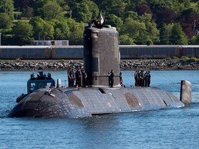 HMCS Windsor, one of Canada's Victoria-class long range patrol submarines, returns to port in Halifax on June 20, 2018.