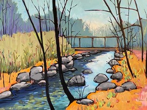 The painting Crossing Yellow Creek, by Toronto artist Eleanor Lowden is part of a new exhibition, The Bright Side, at Westland Gallery until Aug. 7.