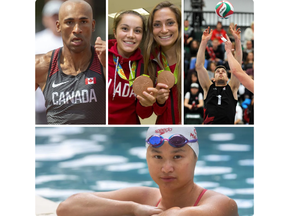 London has several medal hopefuls heading into the Summer Olympics in Tokyo this month. They include (clockwise from top left): Decathlete Damian Warner; Soccer players Jessie Fleming and Shelina Zadorsky; volleyball player TJ Sanders; and swimmer Maggie Mac Neil.