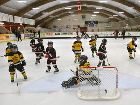 In this file photo, initiation-level hockey players compete at London's Oakridge arena, which as of March 16, 2020 became a COVID-19 testing facility -- until Friday June 16, 2021, when the health-care staff moved out amid declining demand. It will soon become a hockey rink once again. (Morris Lamont/The London Free Press)