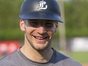 Hayden Jaco, a catcher and pitcher for the London Majors, practices Monday, July 5, 2021. (Mike Hensen/The London Free Press)