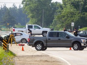 A two-car collision on Col. Talbot Road near Hwy. 401 in London. Photo taken Thursday July 15, 2021. (Mike Hensen/The London Free Press)