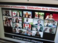 Participants from a variety of backgrounds raise their hands to swear the oath as they become Canadian citizens during a virtual citizenship on July 1, 2020.