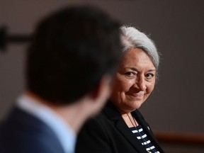 Mary Simon smiles at Prime Minister Justin Trudeau during an announcement of her appointment at the Canadian Museum of History in Gatineau on Tuesday, July 6. Simon, an Inuk leader and former Canadian diplomat, has been named as Canada's next governor general -- the first Indigenous person to serve in the role.