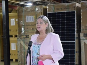 Ontario NDP leader Andrea Horwath was in Woodstock Wednesday to announce her commitment to creating 100,000 jobs across the province through a green building retrofit program. (CALVI LEON, The London Free Press)